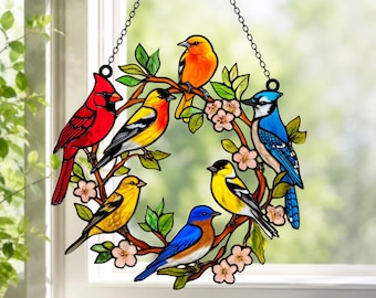 Songbird Acrylic Suncatcher, Cardinal & Bluebird Window Hanging, Stained Glass Style Bird Decor, Nature Lover Gift