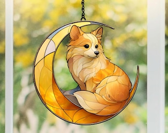 Shiba Inu Moon Suncatcher, Faux Stained Glass Dog Window Hanging, Celestial Decor
