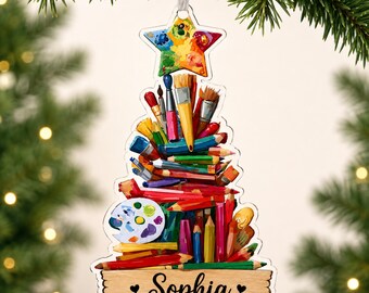 Personalized Artist Acrylic Ornament 2026, Custom Name Art Supplies Ornament, Painter Gift, Art Teacher Christmas Tree Decor