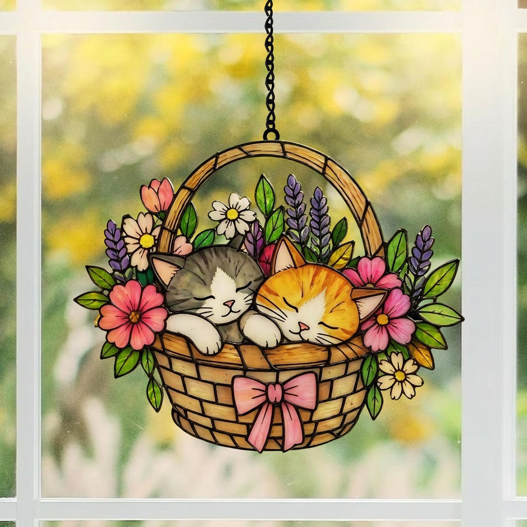 Cat Acrylic Suncatcher, Sleeping Cats Window Hanging With Flowers, Faux ...