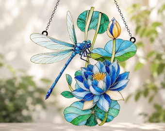 Blue Dragonfly Acrylic Suncatcher, Lotus Flower Window Hanging, Dragonfly Faux Stained Glass Decor, Nature Lover Gift