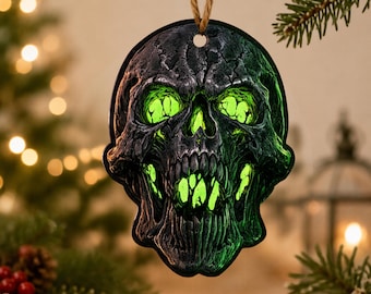 Creepy Skull Halloween Wooden Ornament, Green Glowing Skull Decor, Scary Halloween Gift