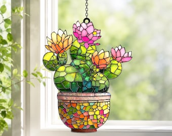Succulent Acrylic Suncatcher, Cactus Flower Window Hanging, Colorful Plant Decor Gift