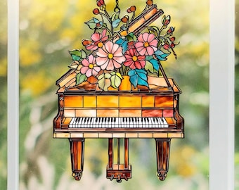 Floral Piano Acrylic Suncatcher, Grand Piano Window Hanging, Music Lover Decor, Piano Gift