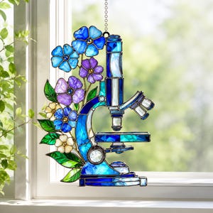 Microscope Acrylic Suncatcher, Science Lab Window Hanging, Floral Research Decor, Biology Teacher Gift
