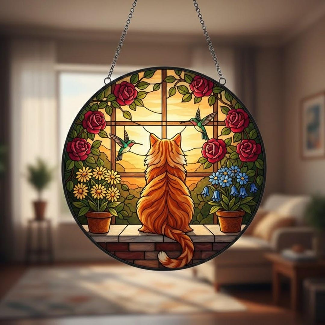 Cat Stained Glass Suncatcher, Floral Window Hanging With Hummingbirds ...