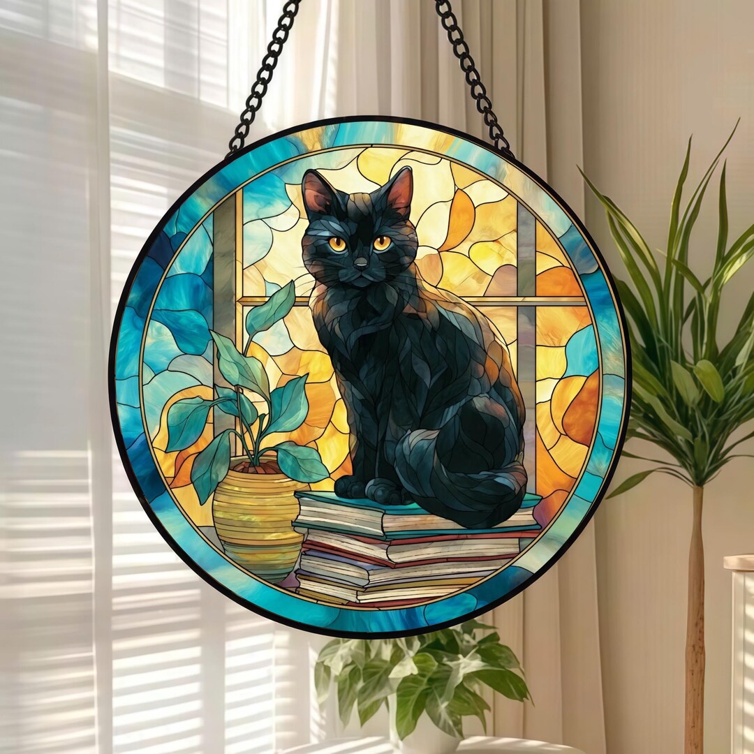 Black Cat Stained Glass Suncatcher, Books Dark Academia Decor, Gift for ...