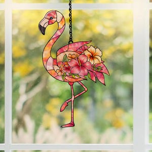 Flamingo Flower Acrylic Suncatcher, Tropical Flamingo Window Hanging, Summer Bird Decor Gift