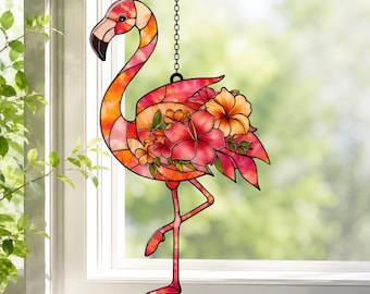 Flamingo Flower Acrylic Suncatcher, Tropical Flamingo Window Hanging, Summer Bird Decor Gift