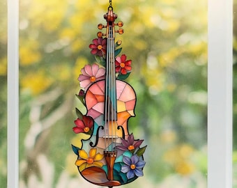 Floral Violin Acrylic Suncatcher, Violin Window Hanging, Music Lover Decor, Violin Gift