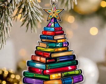 Book Christmas Tree Acrylic Ornament 2026, Colorful Book Stack Ornament, Book Lover Gift, Reader Christmas Tree Decor