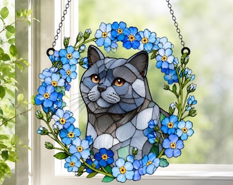 British Shorthair Cat Acrylic Suncatcher, Forget Me Not Window Hanging, Blue Floral Cat Decor, Cat Lover Gift