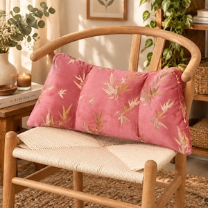 Oriental Bamboo Pattern Lumbar Pillow, Luxury Velvet Jacquard Pink Accent Cushion for Couch