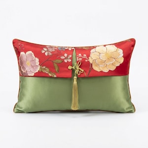Embroidered Silk Lumbar Pillow Cover, Oriental Floral Cushion (14x20 16x24)