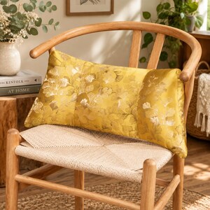 Golden Ginkgo Leaf Lumbar Throw Pillow, Satin Jacquard Cushion with Insert, Oriental Botanical Decor