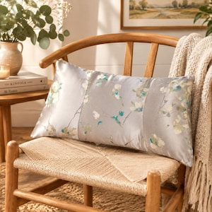 Light Silver Satin Jacquard Lumbar Pillow with Insert, Soft Aqua Floral Rectangular Cushion, Asian Home Decor