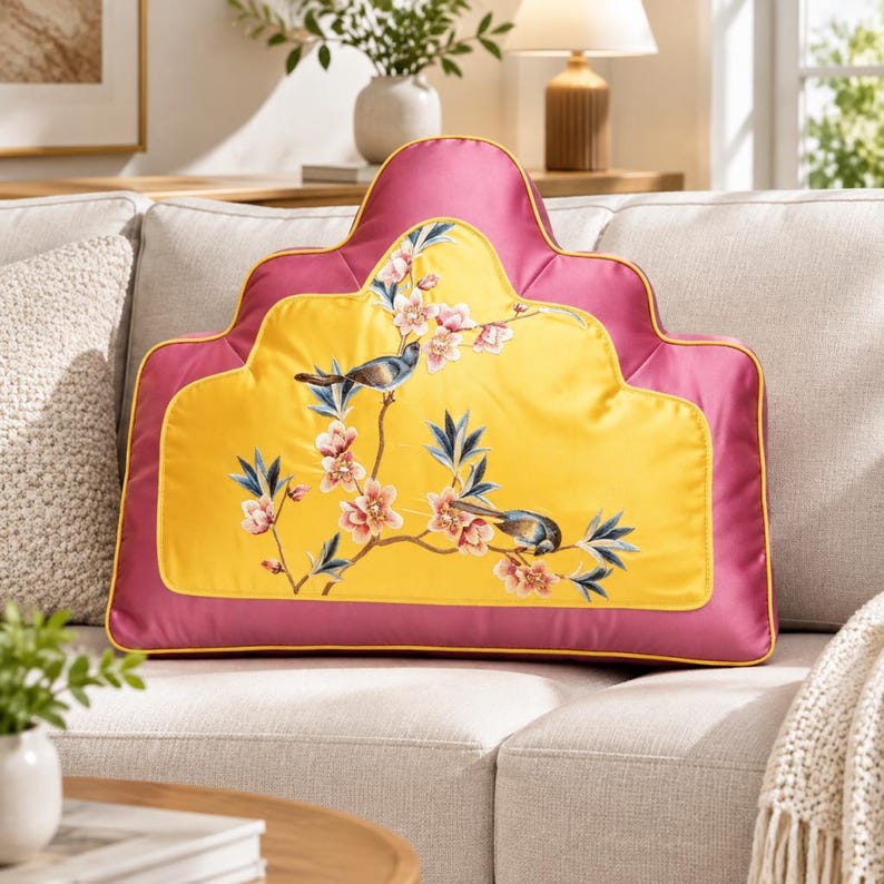 New Chinese Cloud Peak Shape Cushion, Peach Blossom Bird Embroidery ...