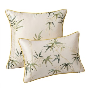 Beige Satin Bamboo Leaf Embroidered Throw Pillow, Oriental Chinese Zen Luxury Square & Lumbar Cushion Cover with Golden Piping
