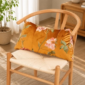 Mustard Yellow Velvet Peony Embroidery Lumbar Pillow With Insert, Vintage Floral Rectangular Throw Cushion for Sofa Chair Decor
