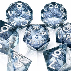 Midnight Galaxy Liquid Core DND Dice Set, Smoky Dark Blue Swirling Star Glitter Sharp Edge Resin Polyhedral Dice Silver Number Void Warlock