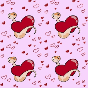 Peut inclure: Motif répété de serpents de dessin animé enroulés autour de cœurs rouges sur fond rose. Les serpents sont beiges et crème avec des yeux orange. Petits et grands cœurs rouges dispersés dans le motif.