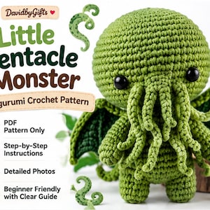 Könnte beinhalten: Ein grünes gehäkeltes Monster mit Tentakeln, schwarzen Augen und Flügeln. Der Text lautet: DavidbyGifts, Little Tentacle Monster, Amigurumi Crochet Pattern, PDF Pattern Only, Step-by-Step Instructions, Detailed Photos, Beginner Friendly with Clear Guide.