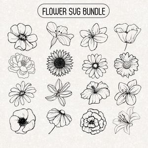 Könnte beinhalten: Schwarz-Weiß-Illustration verschiedener Blumen, darunter Lilien, Gänseblümchen und Sonnenblumen. Das Bild enthält oben den Text "FLOWER SVG BUNDLE". Diese floralen Designs eignen sich für Bastelprojekte.