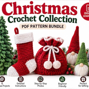 Könnte beinhalten: Ein Christmas Crochet Collection PDF-Anleitungsset mit einem gehäkelten grünen Baum, einem rot-weißen Weihnachtsstrumpf, einem roten Beutel mit weißen Bommeln und drei Gnomen mit roten, grünen und grauen Mützen sowie weißen Kunstfellbärten.