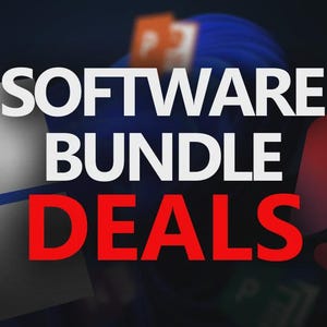 Op de afbeelding: Afbeelding die softwarebundeldeals promoot. De woorden "SOFTWARE BUNDLE DEALS" staan in grote witte en rode letters. Microsoft Office- en Windows-logo's zijn zichtbaar op de achtergrond.
