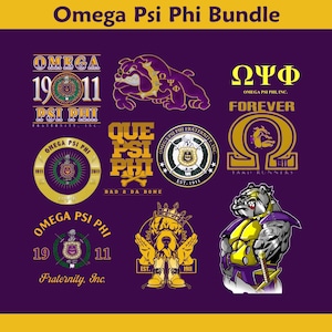 Può includere: Una collezione di grafiche della confraternita Omega Psi Phi in viola e oro. I disegni includono il nome della confraternita, l'anno di fondazione e vari loghi con una mascotte bulldog e le lettere greche Omega, Psi e Phi.