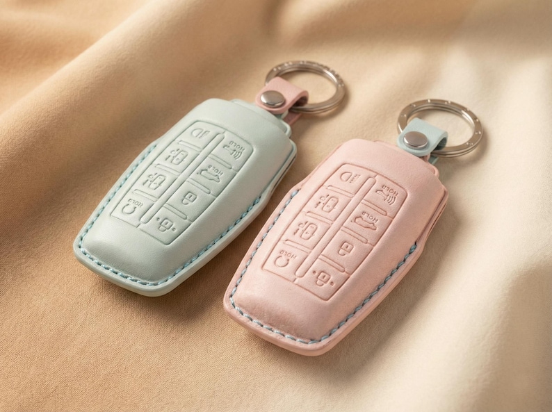 Op de afbeelding: Twee leren sleutelhangers in pastelkleuren, &eacute;&eacute;n lichtblauw en &eacute;&eacute;n roze, met zilveren sleutelringen. Elke sleutelhanger heeft reli&euml;fknopen en een bijpassende leren riem. De sleutelhangers zijn gestikt met een contrasterende draad.