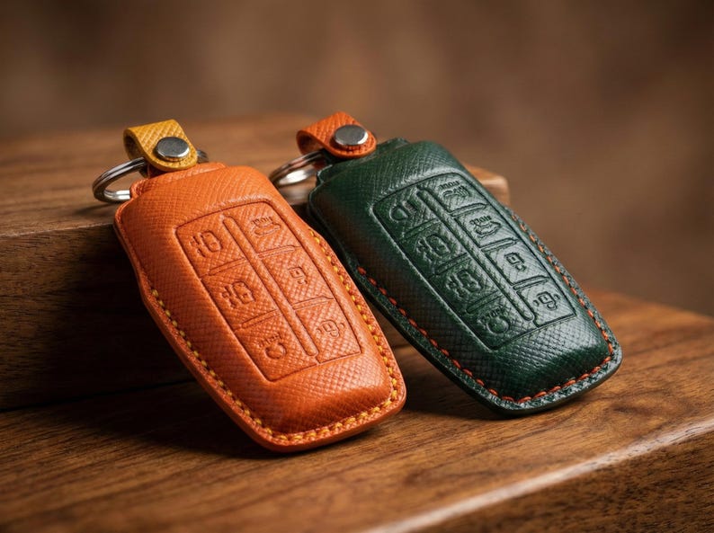 Op de afbeelding: Twee leren sleuteletuis, &eacute;&eacute;n oranje en &eacute;&eacute;n donkergroen, met zilveren sleutelringen. De oranje hoes heeft een gele accentkleur en de groene hoes heeft een oranje accentkleur. Beide hoezen hebben reli&euml;fknopontwerpen.