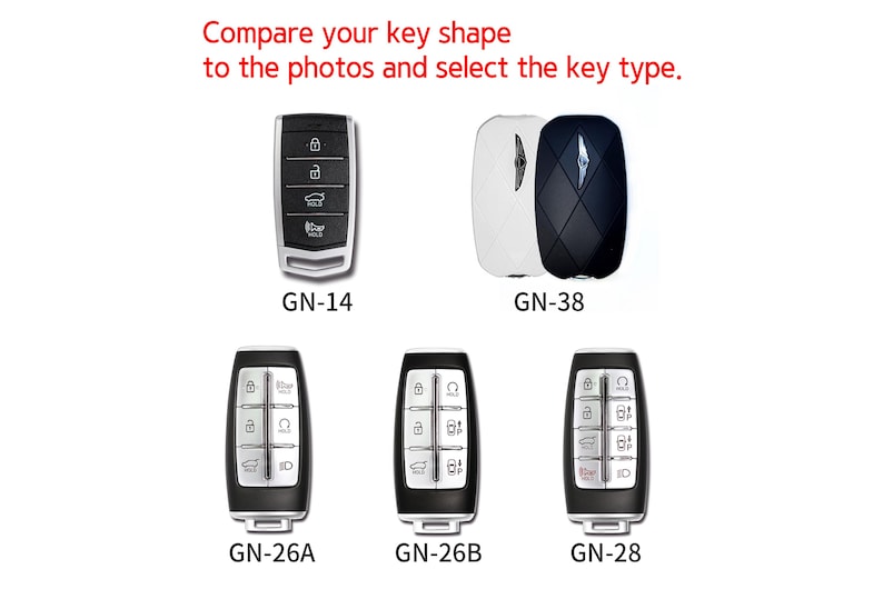 Op de afbeelding: Afbeelding toont diverse autosleutel-afstandsbedieningen in zwart, wit en zilver, met verschillende knopconfiguraties, tegen een witte achtergrond. De tekst bovenaan luidt: "Vergelijk uw sleutelvorm met de foto's en selecteer het sleuteltype."