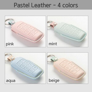 Op de afbeelding: Pastel leren sleuteletuis in roze, mint, aqua en beige. Elke hoes heeft een sleutelring en een rechthoekige vorm met reli&euml;fknoppen. De tekst "Pastel Leather - 4 kleuren" staat bovenaan.