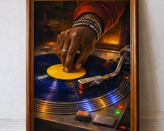 Póster de tocadiscos de vinilo con impresión de pintura al óleo vintage, arte de pared de mujer negra, DJ, música soul africana retro, decoración de pared para amantes de la música, regalo, póster mate
