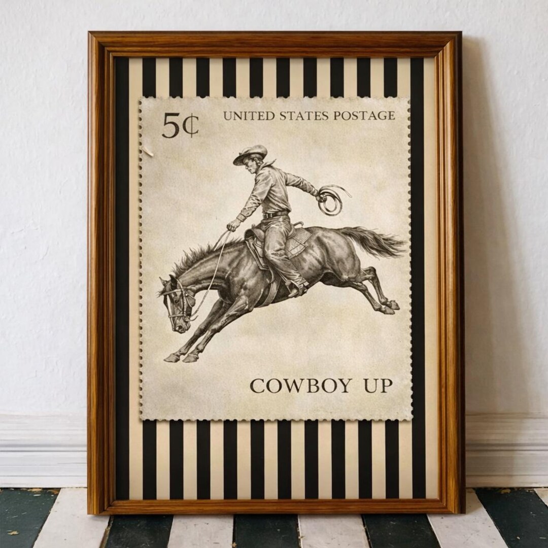 Cowboy up Wall Art Print, Vintage Stamp Poster, Western Rodeo Decor ...