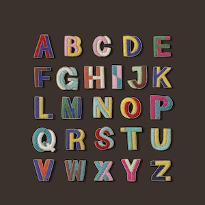 May include: A complete alphabet of embroidered letters in a range of colours, such as red, pink, blue, green, and yellow, set against a dark brown backdrop. Each letter is intricately stitched with a textured appearance, creating a vibrant and decorative display.