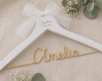 Wedding Personalized Bridal hanger with date engraved, Engagement gifts, Wire script name hanger
