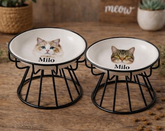 Comedero de cerámica personalizado para mascotas con soporte – Plato personalizado para gatos y perros con nombre