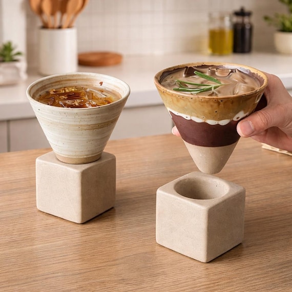 Handcrafted Conical Ceramic Coffee Cup with Stone Base, Modern Espresso Mug