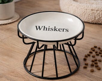 Personalized Ceramic Pet Food Bowl with Stand – Custom Name Cat Dog Dish