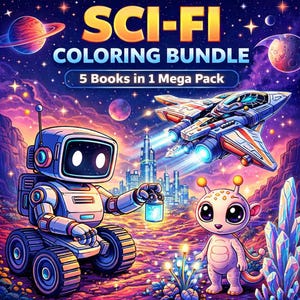 Sci-Fi Coloring Pages Bundle | Robots, Aliens, Cities, Space (PDF Download)
