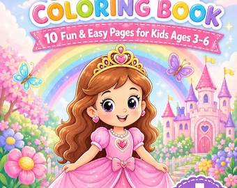 Princess Coloring Book, Fun Easy Pages for Kids Ages 3-6 (Instant Download)