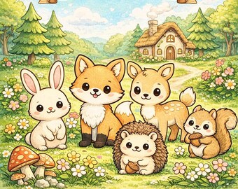 Cottagecore Forest Friends Coloring Book, Woodland Animals PDF (Digital Download)