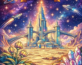 Galactic Cities Coloring Book | Sci-Fi Futuristic Landscapes (Digital Download PDF)