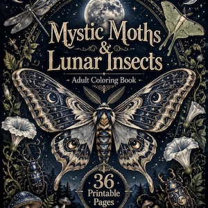 May include: A colouring book titled Mystic Moths & Lunar Insects featuring a large central moth with dark blue and gold wings, surrounded by smaller insects, mushrooms, and flowers against a night sky background with 36 printable pages.