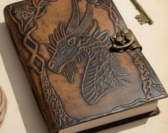Handmade Leather Dragon Journal with Lock – Embossed Medieval Fantasy Notebook, Vintage Writing Diary Gift for Writers