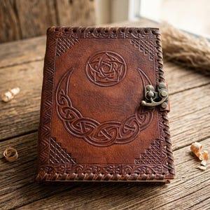 May include: A brown leather journal featuring an embossed crescent moon and a central pentagram design. The cover has intricate border patterns, a stitched edge, and a metallic brass-coloured latch closure on the right side to secure the pages.
