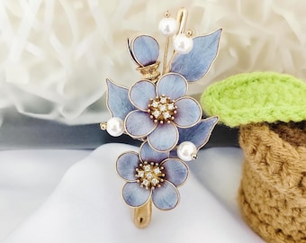 Handmade Blue Silk Floral Brooch with Pearls, Cubic Zirconia, Wedding Accessory