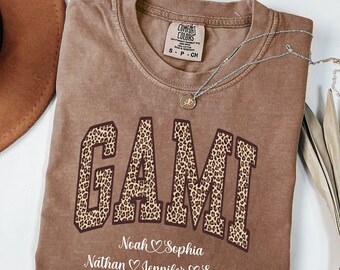 Personalized Gami Grandma Shirt, Custom Grandkids Names Comfort Colors Tee, Leopard Print Grandmother Gift, Gift From Grandchildren